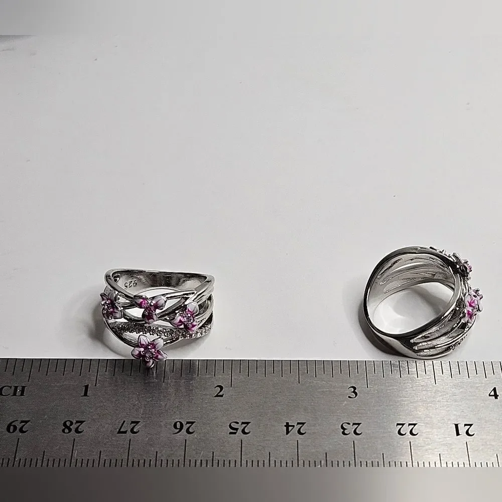 Pink Flower Clear White Diamond Ring on 925 Sterling Silver - Women's